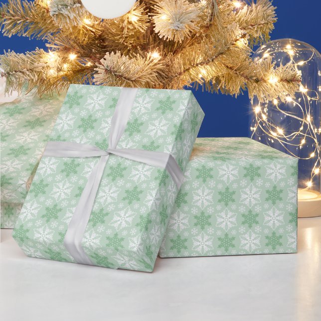 Papier Cadeau Motif de flocon blanc vert et blanc d'hiver (Vacances)