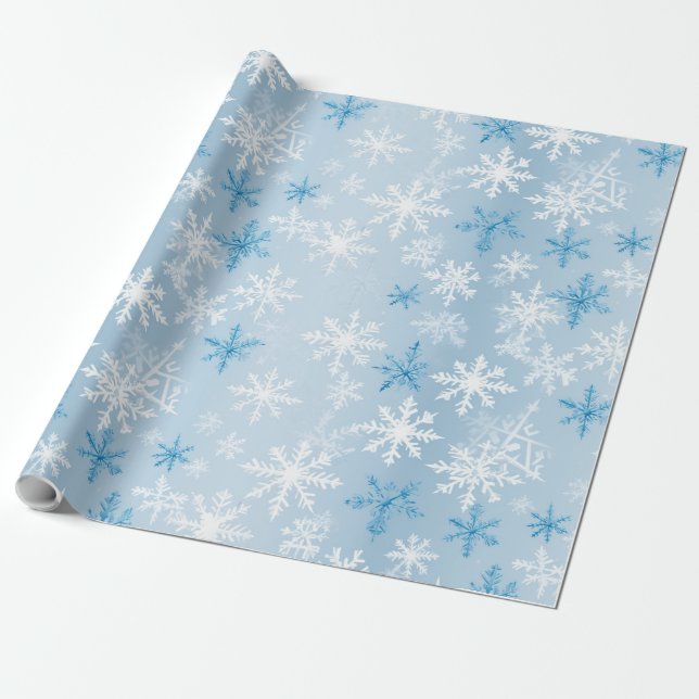 Papier Cadeau Motif de flocon de neige bleu et blanc (Déroulé)