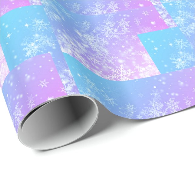 Papier Cadeau Motif de flocons de neige rose et bleu (Coin rond)