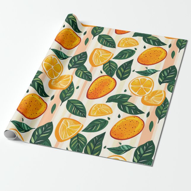 Papier Cadeau Motif de fruits d'agrumes avec Feuilles verts (Déroulé)