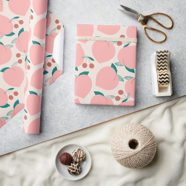 Papier Cadeau Motif de fruits de pêches et cerises rouges (Artisanat)