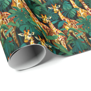 Papier Cadeau Motif de girafe dans une jungle verdoyante