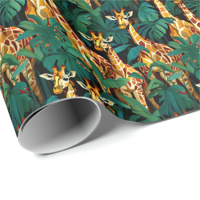 Papier Cadeau Motif de girafe dans une jungle verdoyante (Coin rond)