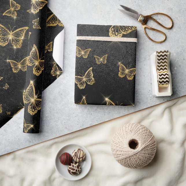 Papier Cadeau Motif de glam or et papillons noirs (Artisanat)