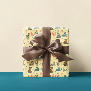 Papier Cadeau Motif de gribouillis d'animaux forestiers   jaune