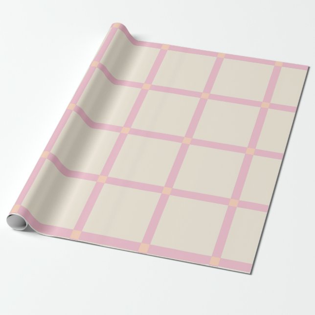 Papier Cadeau Motif de grille beige et rose doux (Déroulé)