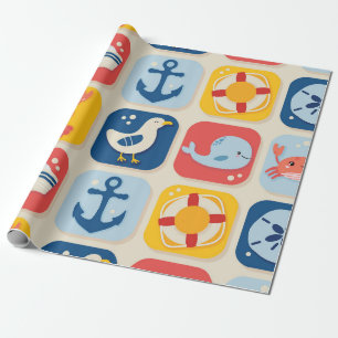 Papier Cadeau Motif de grille d'icônes nautiques