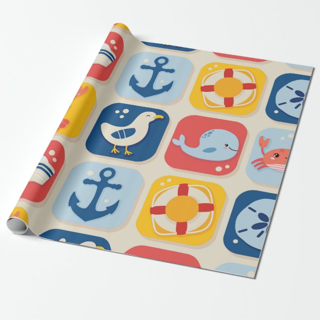 Papier Cadeau Motif de grille d'icônes nautiques (Déroulé)