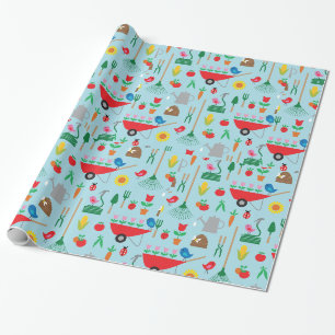 Papier Cadeau Motif de jardin Fleurs printanières et outils de j