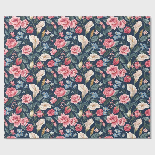 Papier Cadeau Motif de jardin floral bleu marine romantique (Plat)