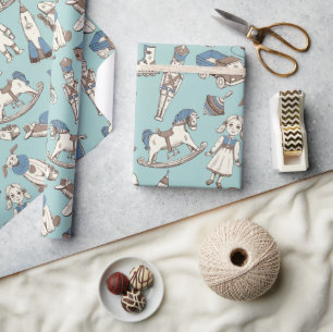 Papier Cadeau Motif de jouets vintage bleu/Brown ID783