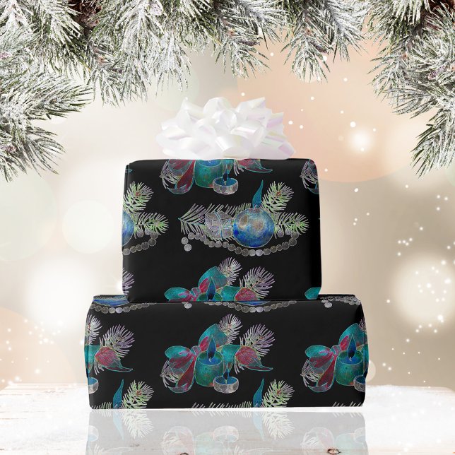 Papier Cadeau Motif de la bougie de Noël en néon noir (Créateur téléchargé)