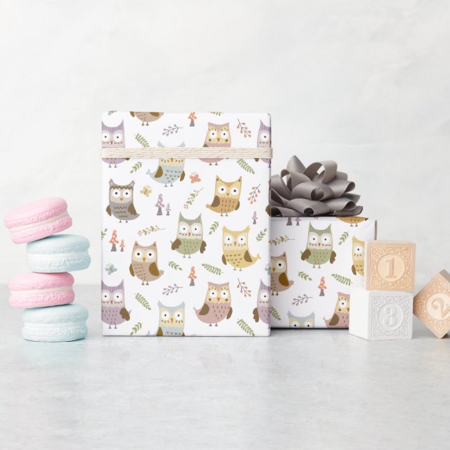 Papier Cadeau Motif de la Chouette des bois, Enfants blancs (Baby Shower)