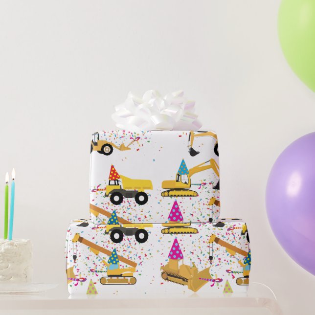 Papier Cadeau Motif de la fête des camions de construction (Cadeaux de fête)