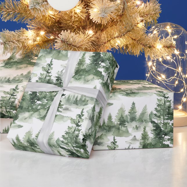 Papier Cadeau Motif de la forêt d'hiver aquarelle (Vacances)
