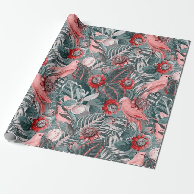 Papier Cadeau Motif de la jungle des perroquets tropicaux Sepia (Déroulé)