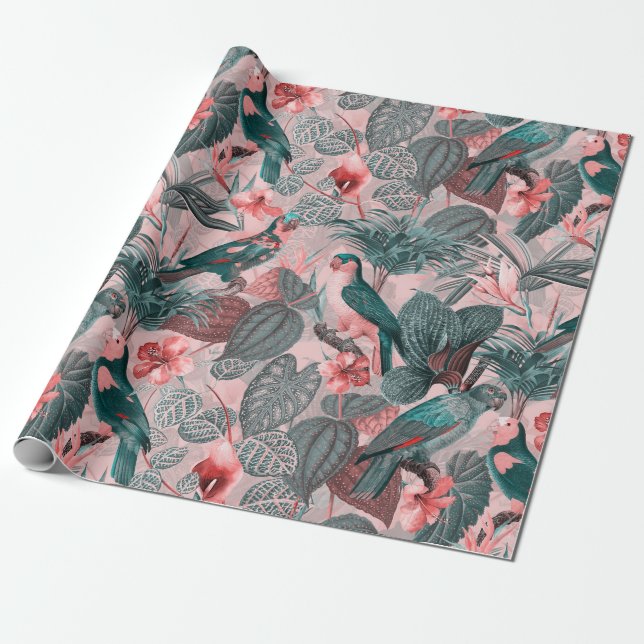 Papier Cadeau Motif de la jungle tropicale antique Sepia Parrots (Déroulé)