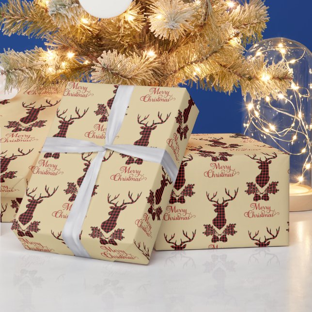 Papier Cadeau Motif de la tête de cerf de Buffalo Plaid Noël (Vacances)