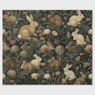 Papier Cadeau Motif de lapin de forêt vintage foncé botanique