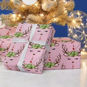 Papier Cadeau Motif de licorne de rennes rose en marbre d'or