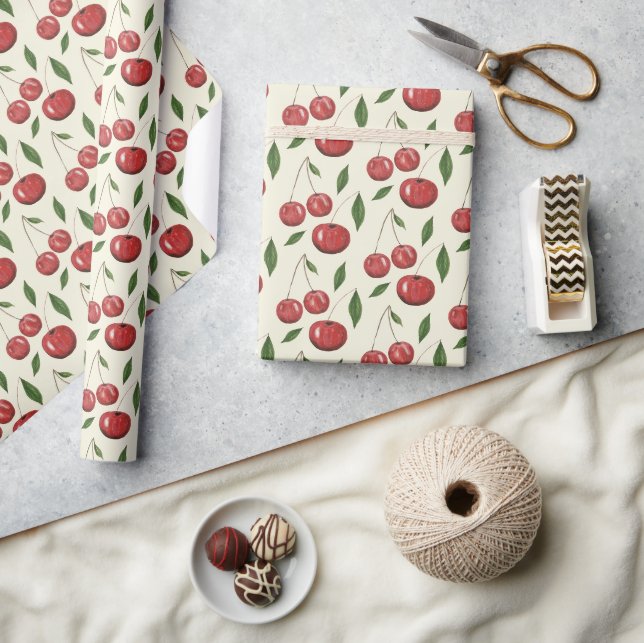 Papier Cadeau Motif de l'illustration de l'aquarelle des cerises (Artisanat)