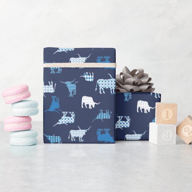 Papier Cadeau Motif de Longhorns à motif bleu (Baby Shower)