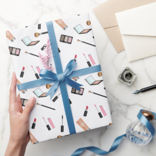 Papier Cadeau Motif De Maquillage Avec Lèvres, Mascara, Brosses 