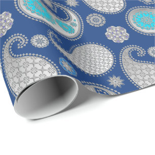 Papier Cadeau Motif de marguerite, gris argenté / gris sur bleu