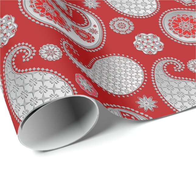 Papier Cadeau Motif de marguerite, gris argenté / gris sur rouge (Coin rond)