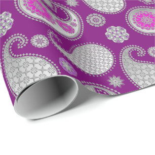Papier Cadeau Motif de marguerite, gris argenté / gris sur viole