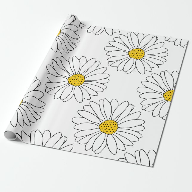 Papier Cadeau Motif de marguerite jaune blanc (Déroulé)