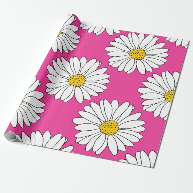 Papier Cadeau Motif de marguerite rose jaune (Déroulé)