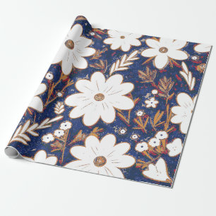 Papier Cadeau Motif de marguerite Shabby Chic Bleu Profond Blanc