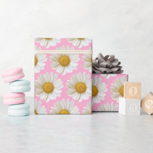 Papier Cadeau Motif de marguerites blanches sur fond rose