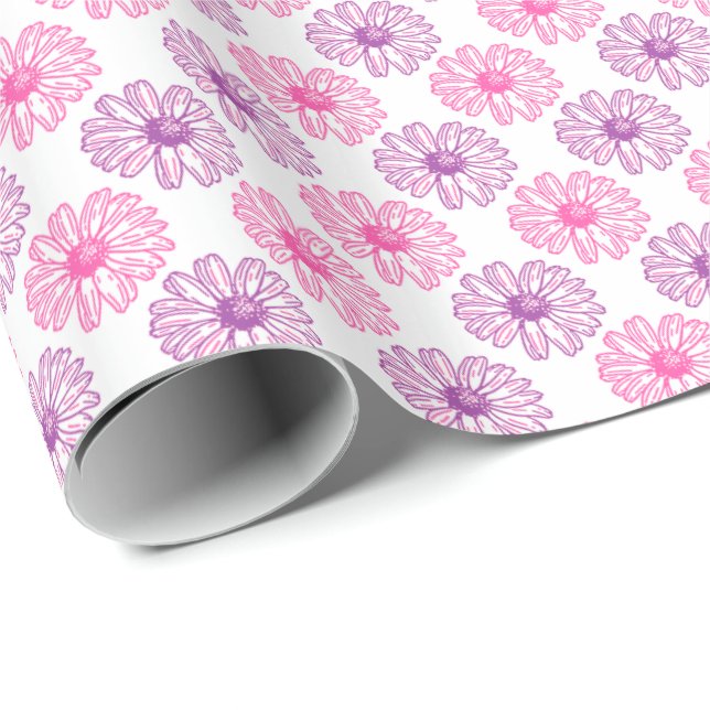 Papier Cadeau Motif de marguerites violettes et roses (Coin rond)
