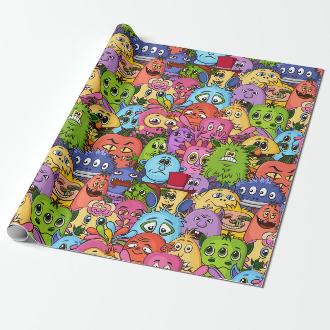 Papier Cadeau Motif de monstres heureux (Déroulé)