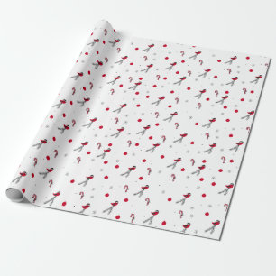 Papier Cadeau Motif de Noël avec un rouge-gorge, sucettes, neige