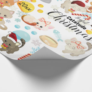 Papier Cadeau Motif de Noël Chats Mignons Pattes, Texte Flocons
