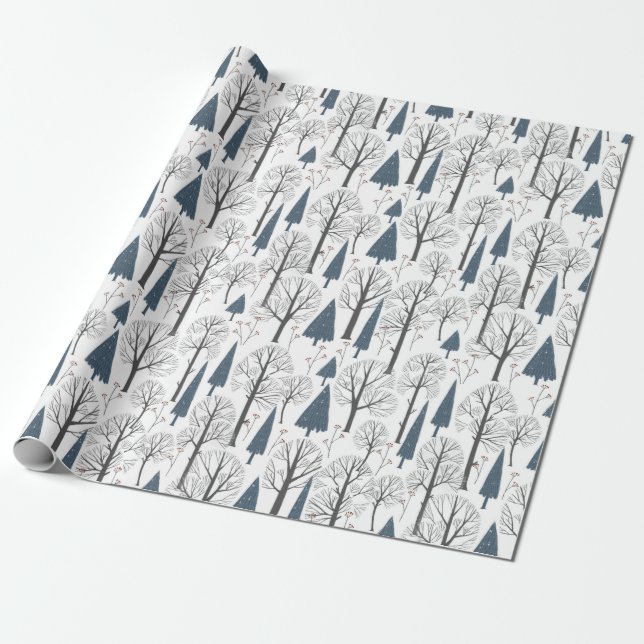 Papier Cadeau Motif de Noël d'arbres de forêt hivernale (Déroulé)