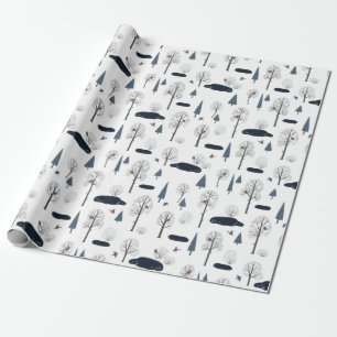 Papier Cadeau Motif de Noël d'arbres, d'étangs, d'oiseaux dans l