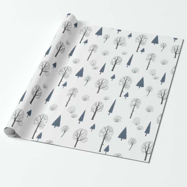 Papier Cadeau Motif De Noël De Bleu, Arbres Noirs Sur Blanc (Déroulé)