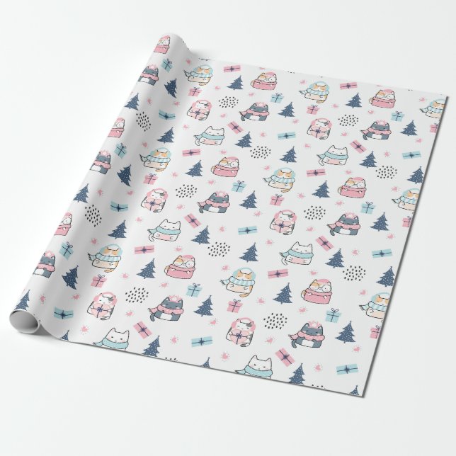 Papier Cadeau Motif De Noël De Chats Amusants, Cadeaux, Neige (Déroulé)