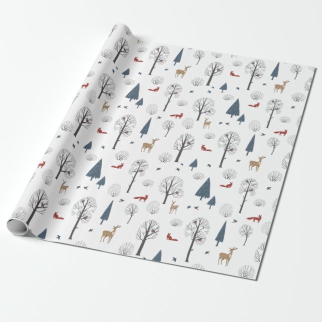 Papier Cadeau Motif de Noël de forêt hivernale et d'animaux (Déroulé)