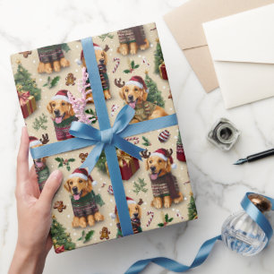 Papier Cadeau Motif de Noël de Golden Retriever pour les Fêtes d