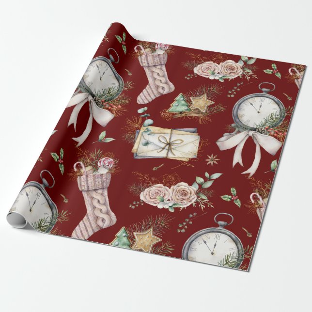 Papier Cadeau Motif de Noël de l'étrier/horloge (Déroulé)