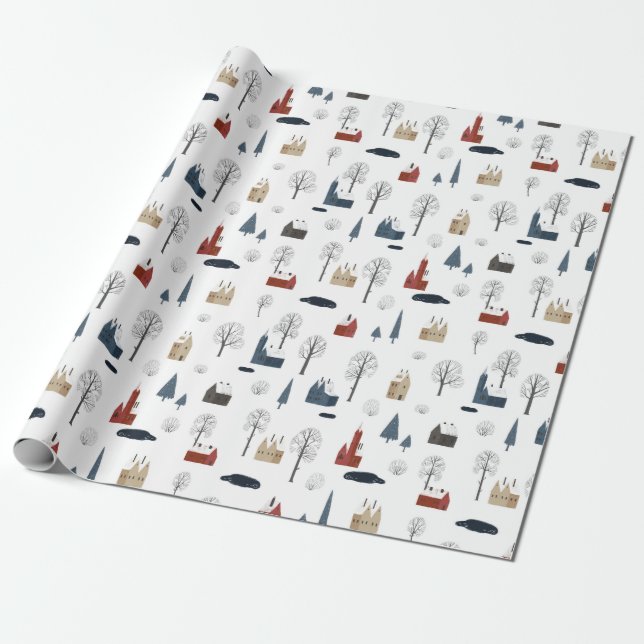 Papier Cadeau Motif de Noël de maisons, d'arbres, d'étang ou de  (Déroulé)