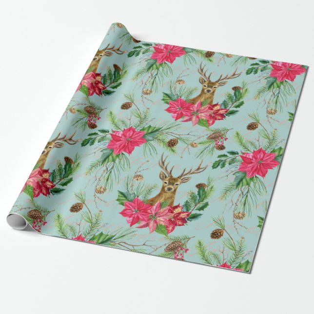 Papier Cadeau Motif de Noël des cerfs d'aquarelle (Déroulé)