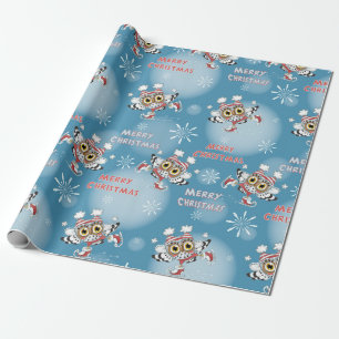 Papier Cadeau Motif de Noël des Chouettes de patinage sur glace
