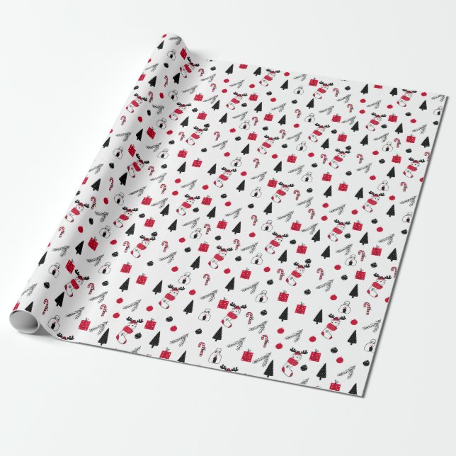 Papier Cadeau Motif de Noël drôle de rouge, noir, blanc (Déroulé)