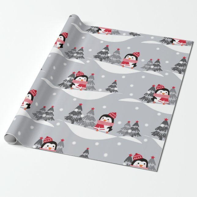 Papier Cadeau Motif de Noël du mignon Penguin (Déroulé)